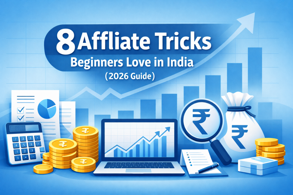 “Affliate marketing finance illustration showing rupee symbol, growth chart, calculator and coins for Indian beginners guide 2026”