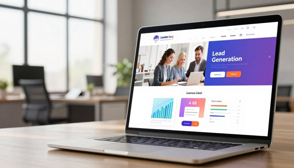 A modern lead generation website interface, featuring an advanced landing page design. In the foreground, a sleek laptop displays an engaging landing page with vibrant call-to-action buttons, attractive visuals, and optimized form elements designed to capture high-quality leads and improve conversion rates.