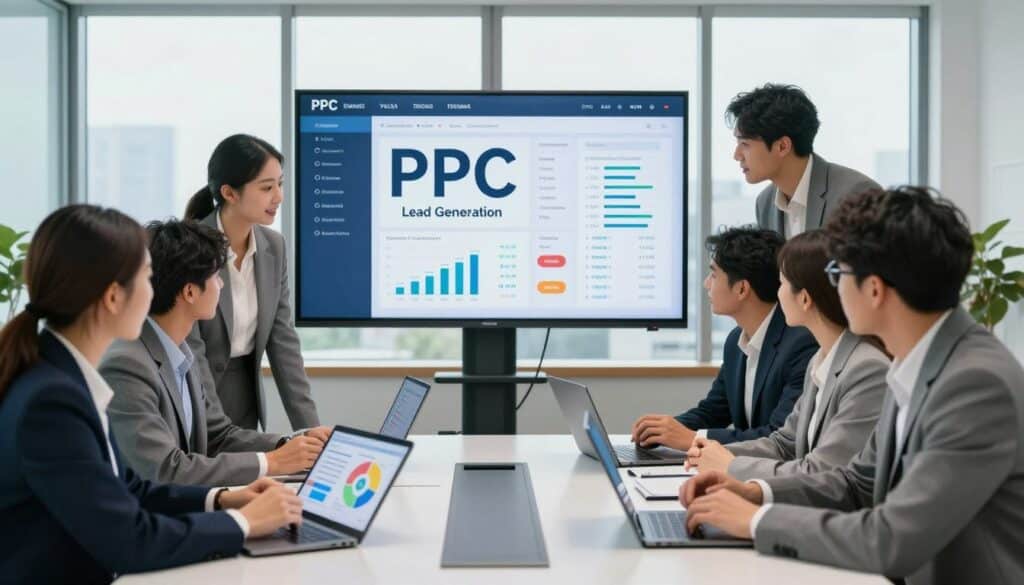 A professional office environment depicting the concept of PPC lead generation. In the foreground, a diverse group of business professionals in formal attire gather around a sleek conference table, analyzing PPC campaign performance and digital advertising data displayed on a large screen to optimize lead generation strategies.
