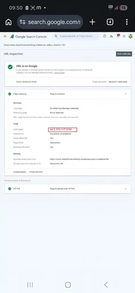 ​Google Search Console page indexing report showing URL indexed at 9:47 AM, just 37 seconds later, confirming fast Google indexing.